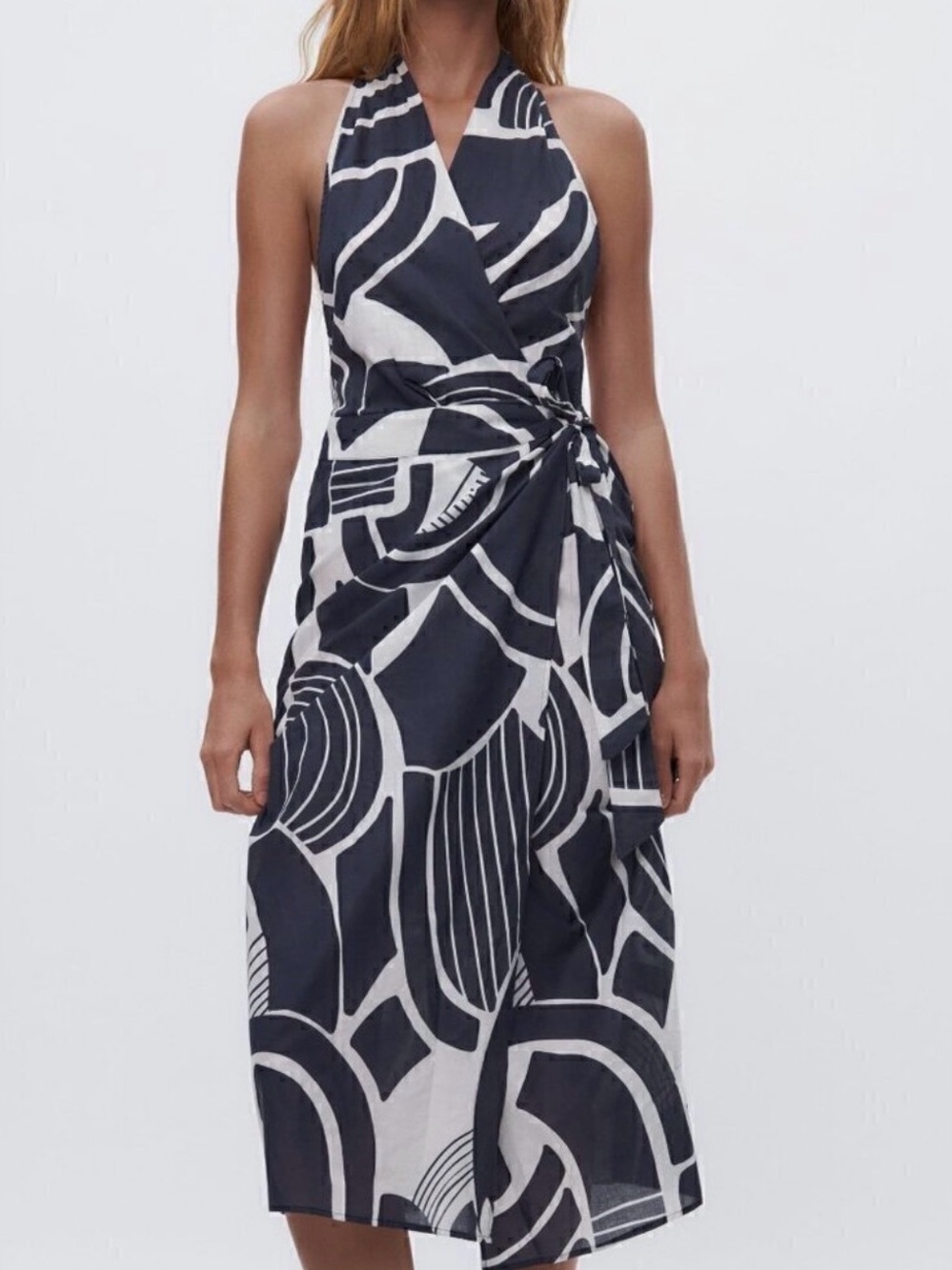 NEW Zara Navy and White Halter Wrap Midi Dress Sz Small
